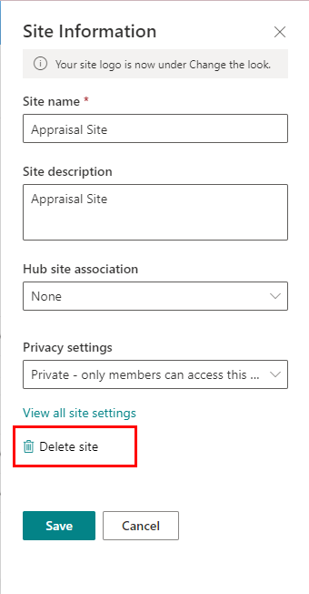 explaining how to delete a SharePoint site